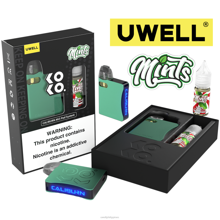 UWELL CALIBURN AK3 KIT + A3S 08OHM PODS (X2) + DADDYS VAPOR 10ML SALTS 50MG UWELL Quezon - H4FB242 CRL Cyan/FLV Peppermint 50mg