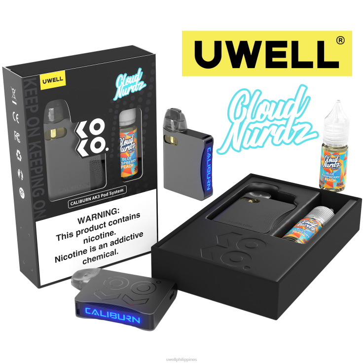 UWELL CALIBURN AK3 KIT + A3S 08OHM PODS (X2) + DADDYS VAPOR 10ML SALTS 50MG UWELL disposable vape - H4FB247 CRL Grey/FLV Blue Raspberry Peach