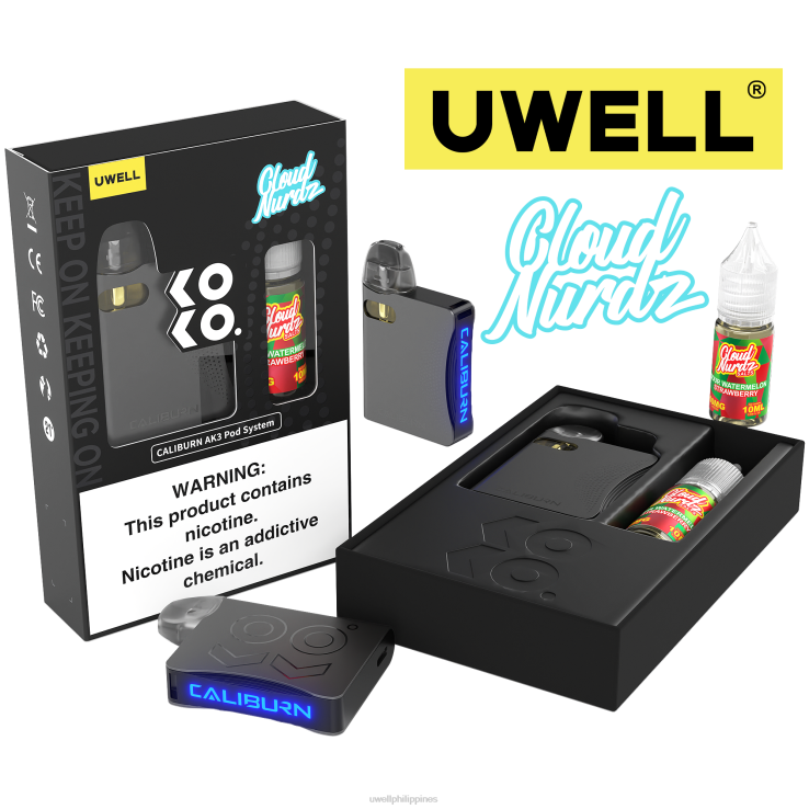 UWELL CALIBURN AK3 KIT + A3S 08OHM PODS (X2) + DADDYS VAPOR 10ML SALTS 50MG UWELL vape flavours - H4FB240 CRL Grey/FLV Sour Watermelon Strawberry 50mg