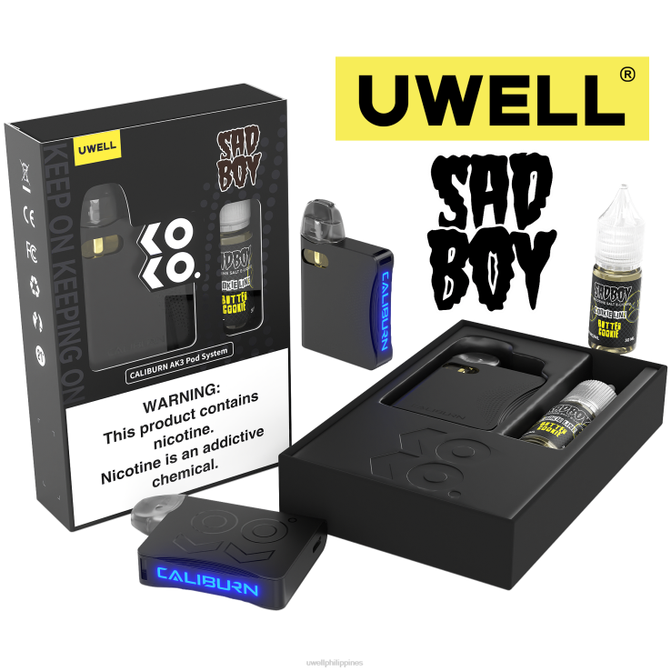 UWELL CALIBURN AK3 KIT + A3S 08OHM PODS (X2) + DADDYS VAPOR 10ML SALTS 50MG UWELL vape price - H4FB243 CRL Black/FLV Custard Cookie 50mg